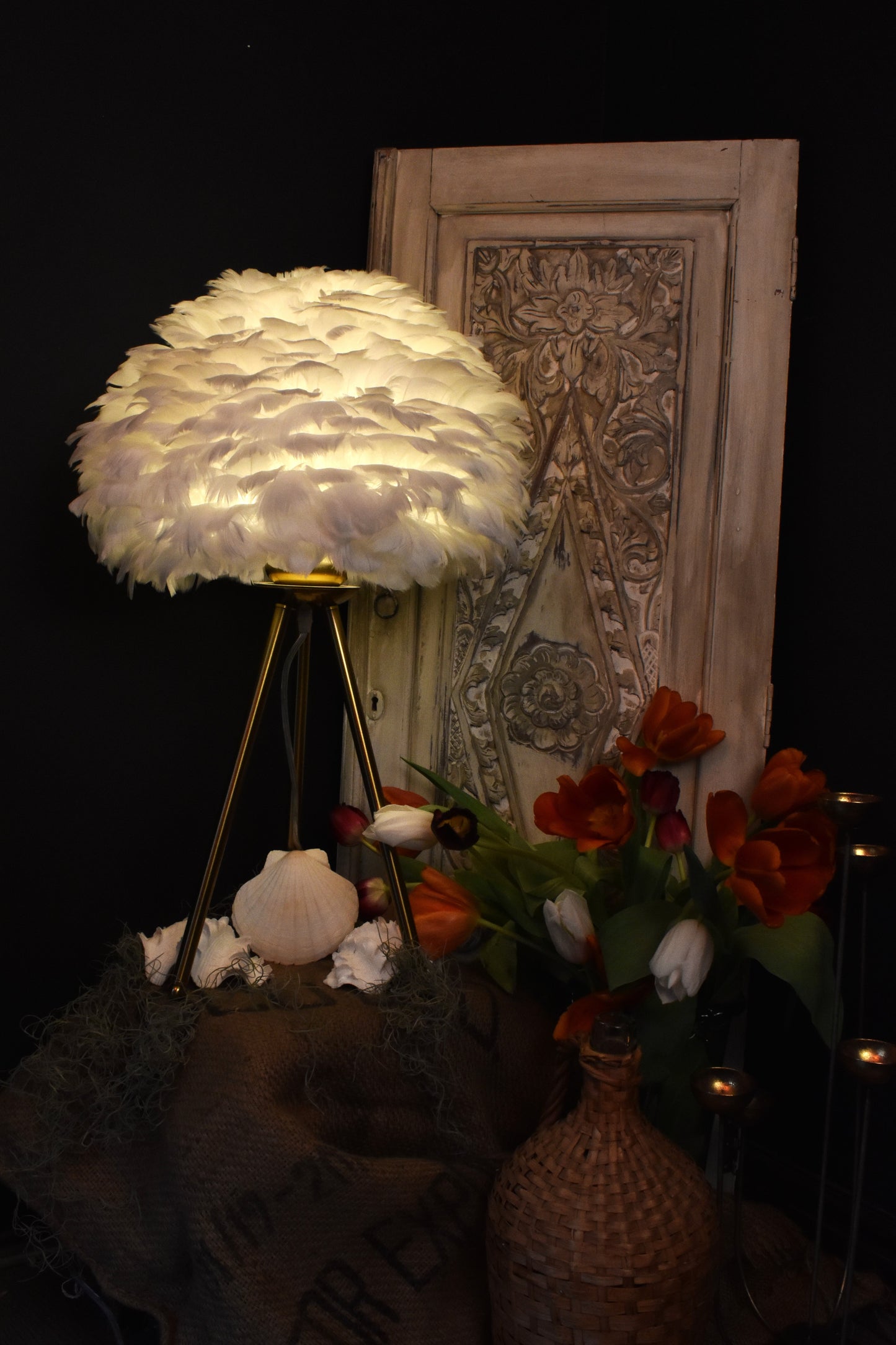 White Feather Tripod Table Lamp