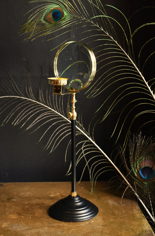 Brass Magnifying Glass & Candle Holder on Black Stand