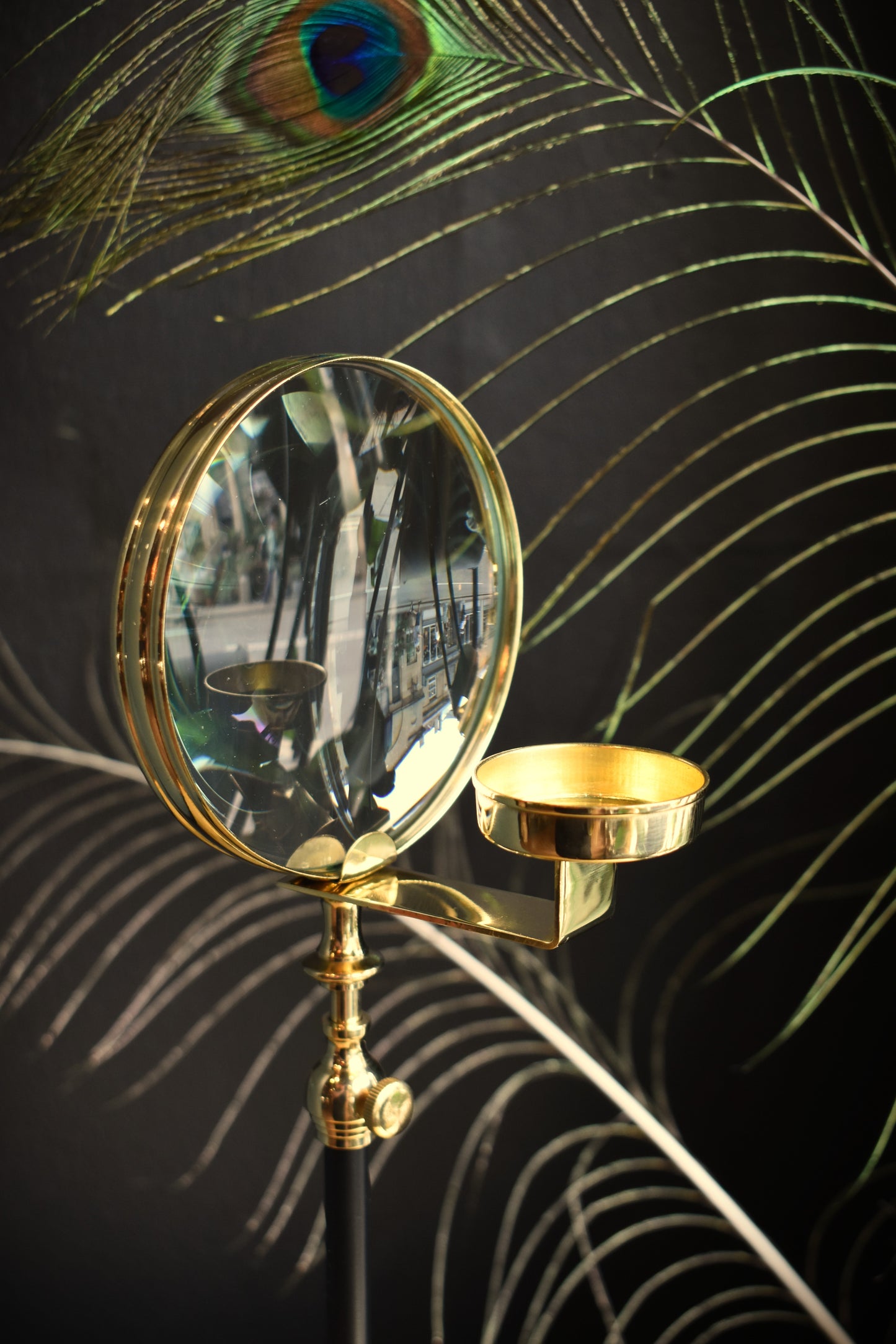 Brass Magnifying Glass & Candle Holder on Black Stand