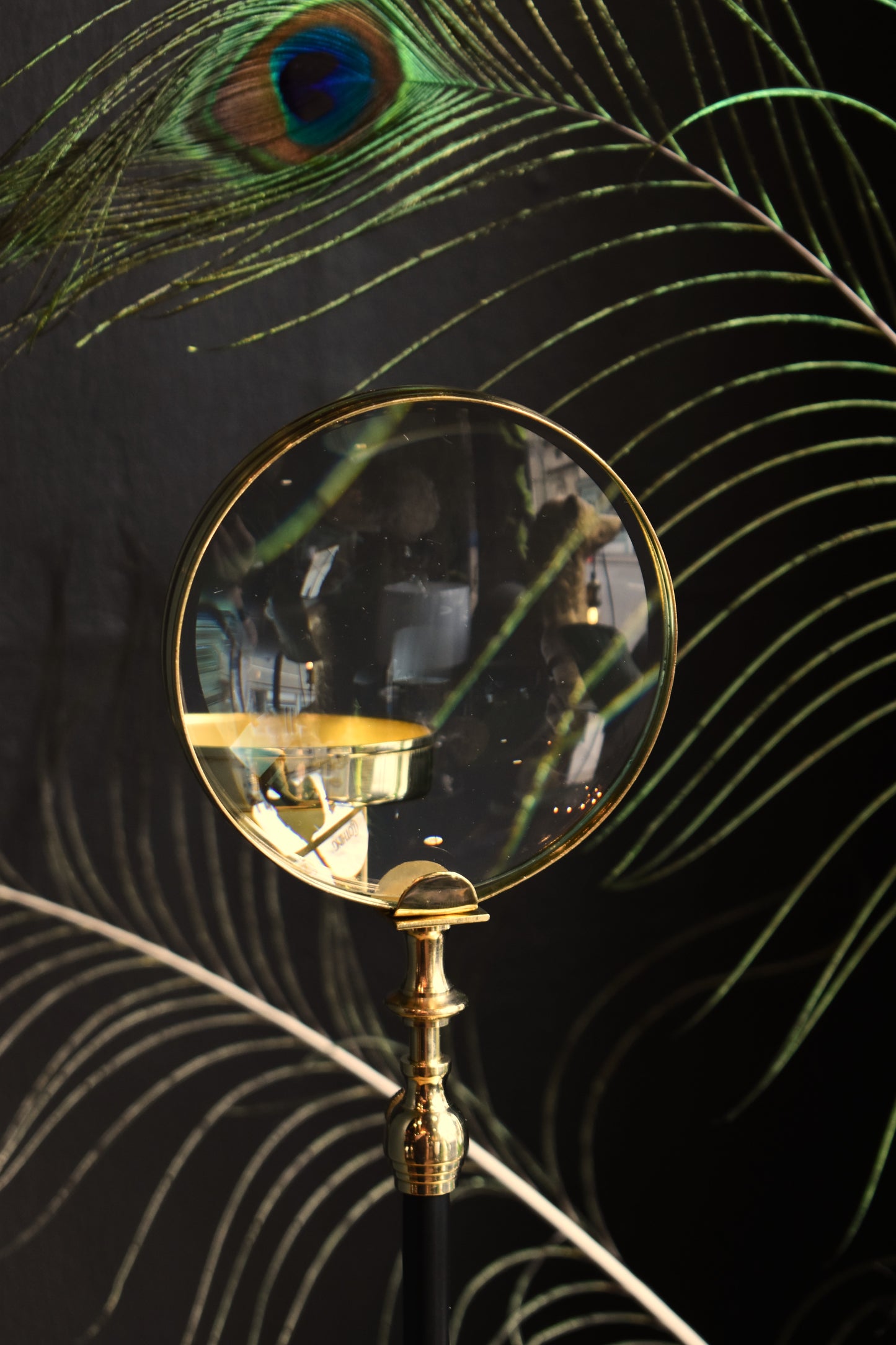 Brass Magnifying Glass & Candle Holder on Black Stand
